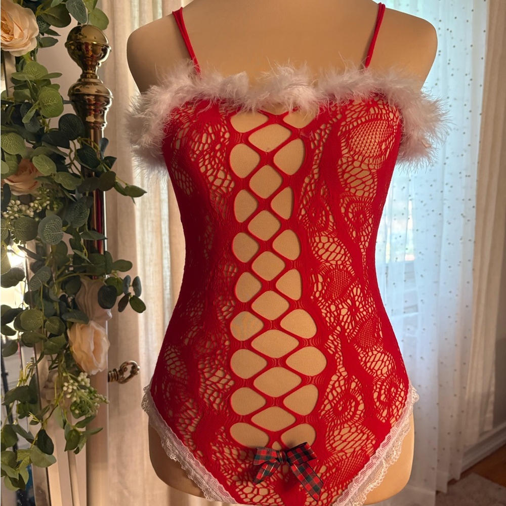 Red Lace Bodysuit with Feather Trim